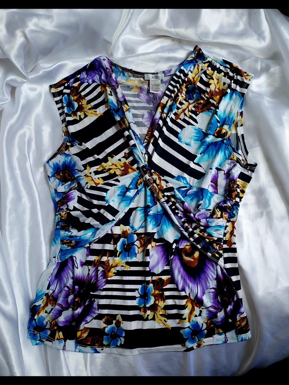 Cache Floral Stripe Wrap-Style Camisole in Black, Blue & Purple